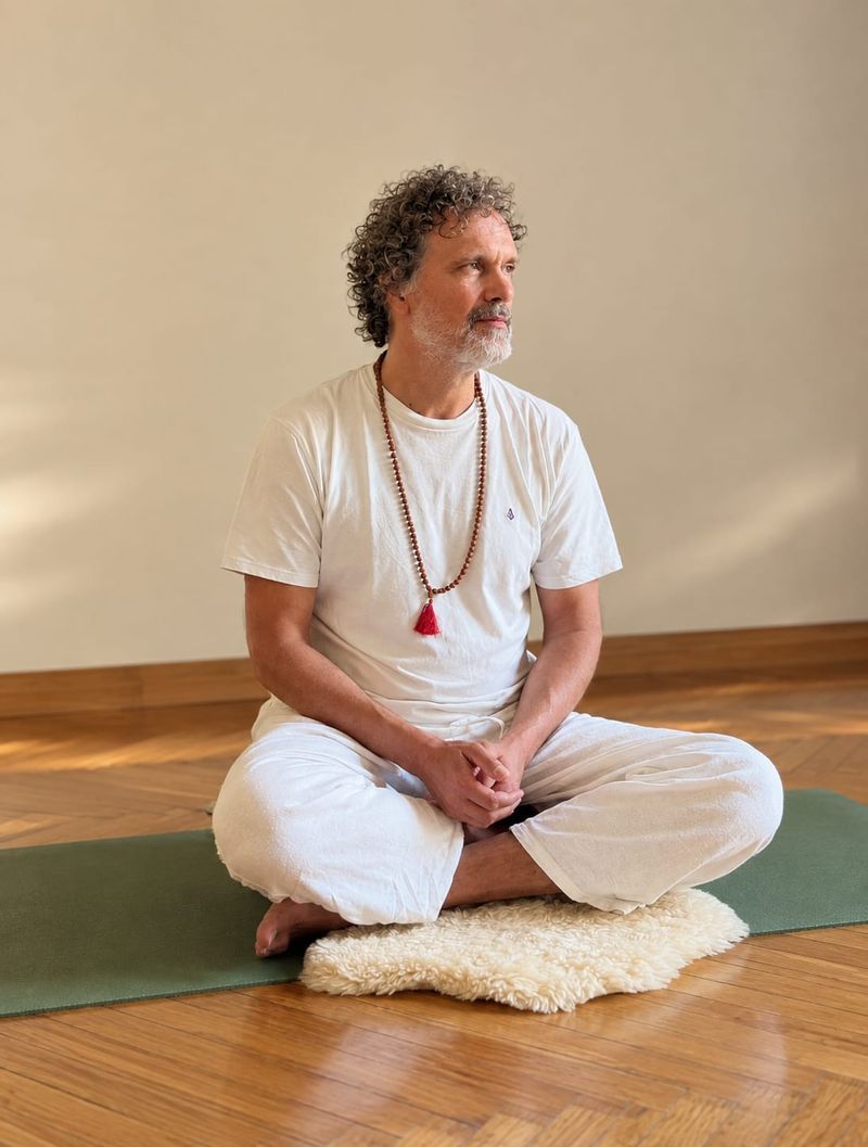 Guido Guaschino seduto in meditazione nello studio