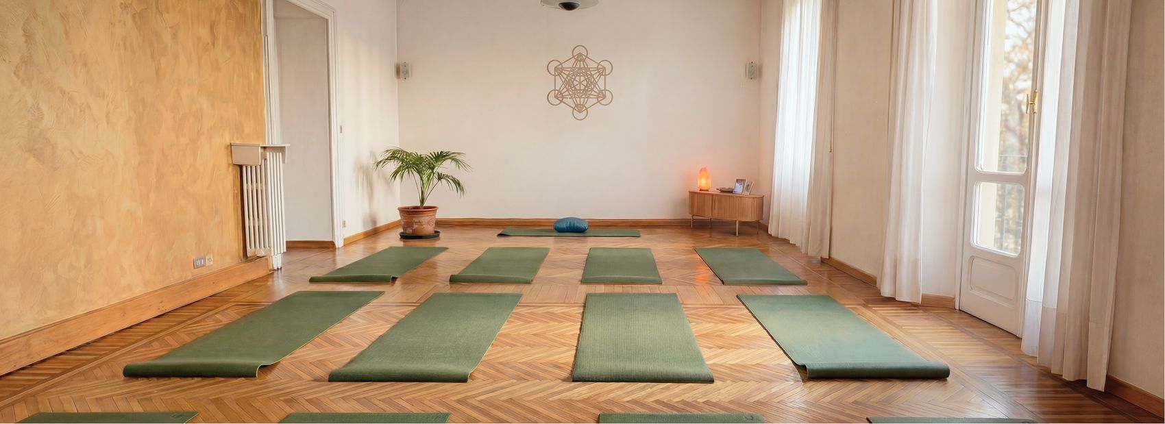 Vista panoramica dello studio yoga — tappetini, piante e luce naturale
