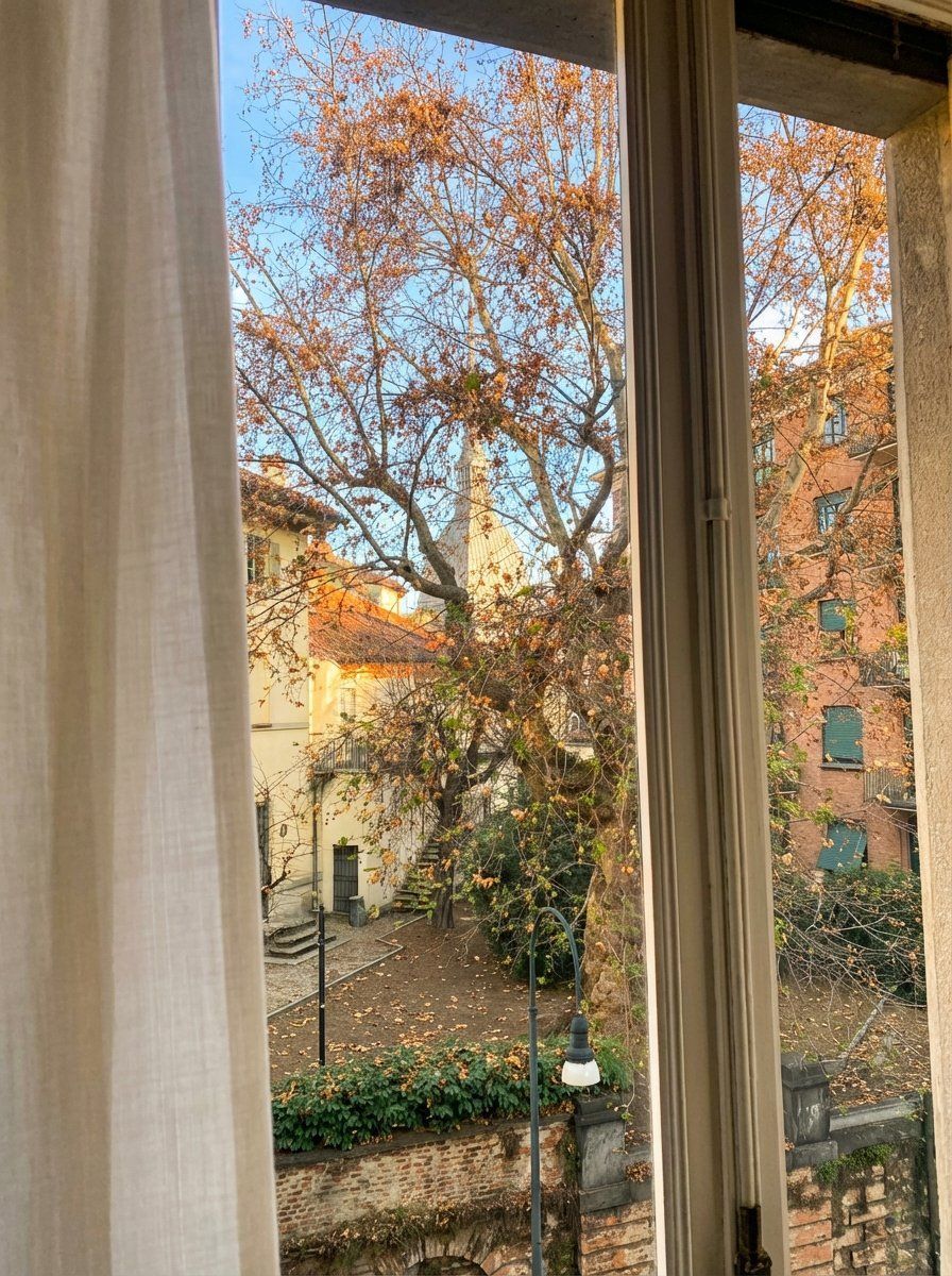 Vista dal giardino attraverso la finestra dello studio